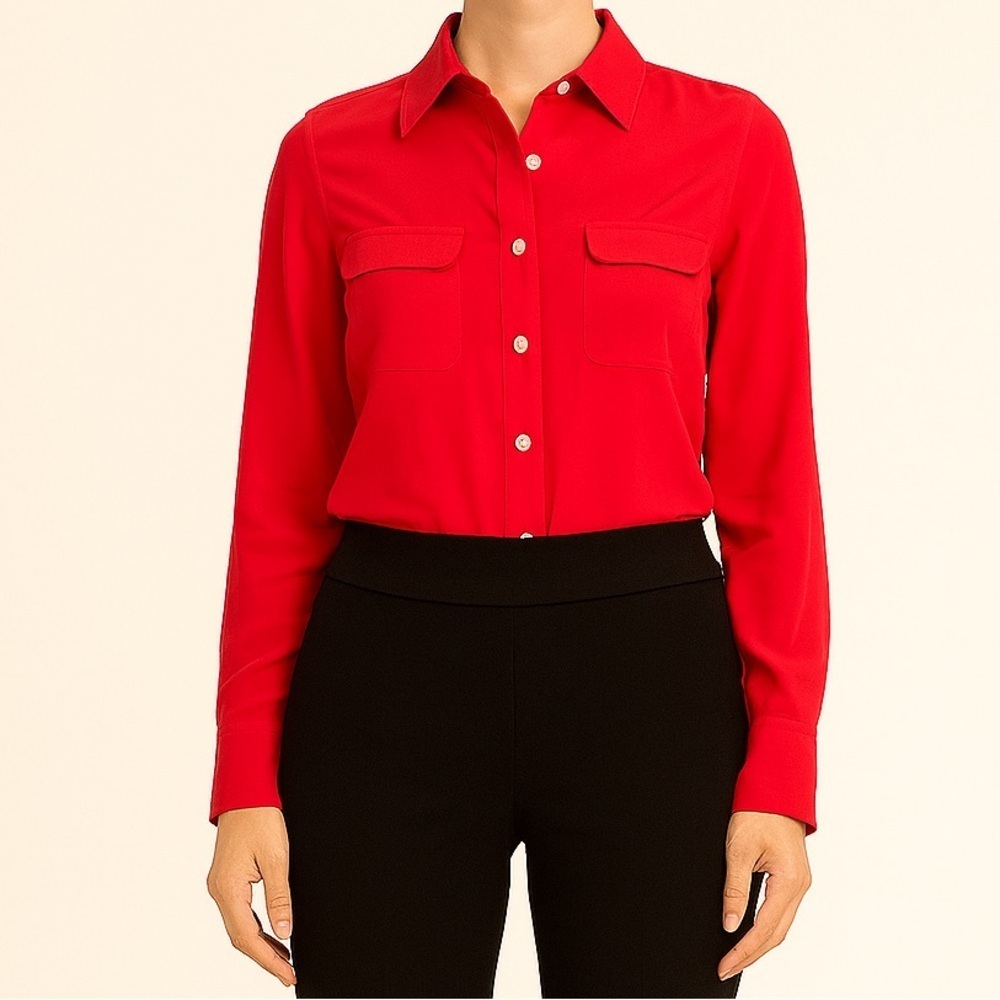 LOFT Red Casual Button Down Shirt with Classic Collar